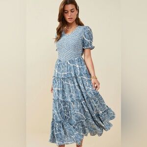 Coastal Smocked MaxiHayden Dress Blue Leaf Print New No Tags
